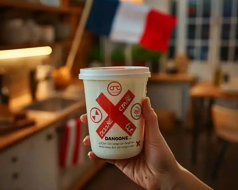 rappel yaourts Danone : pot de yaourt Danone avec avertissement sanitaire