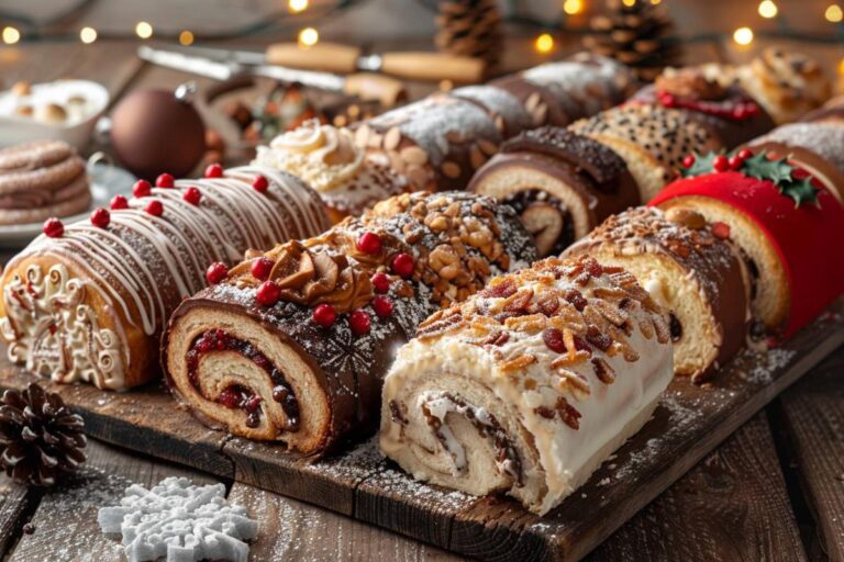 bûches de Noël : différentes bûches de Noël originales et savoureuses sur une table festive