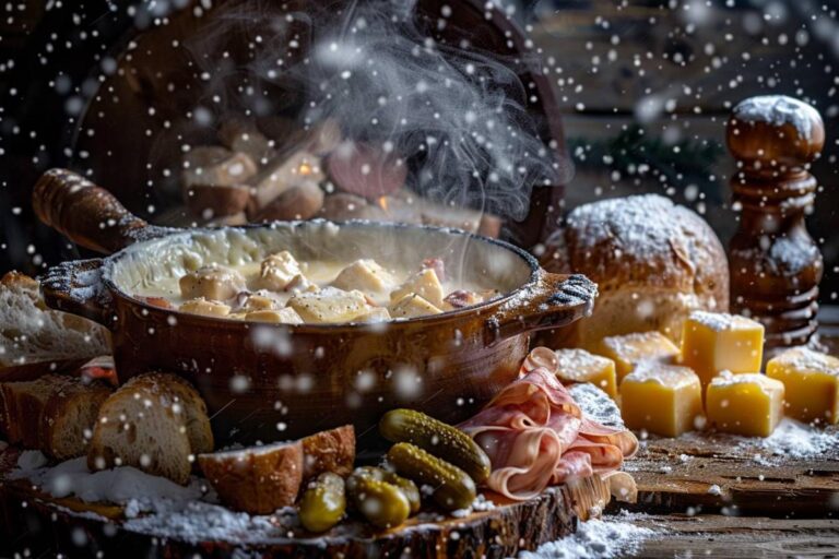 fondue savoyarde : plat de fondue savoyarde en train d'être préparé avec fromages fondus et pain