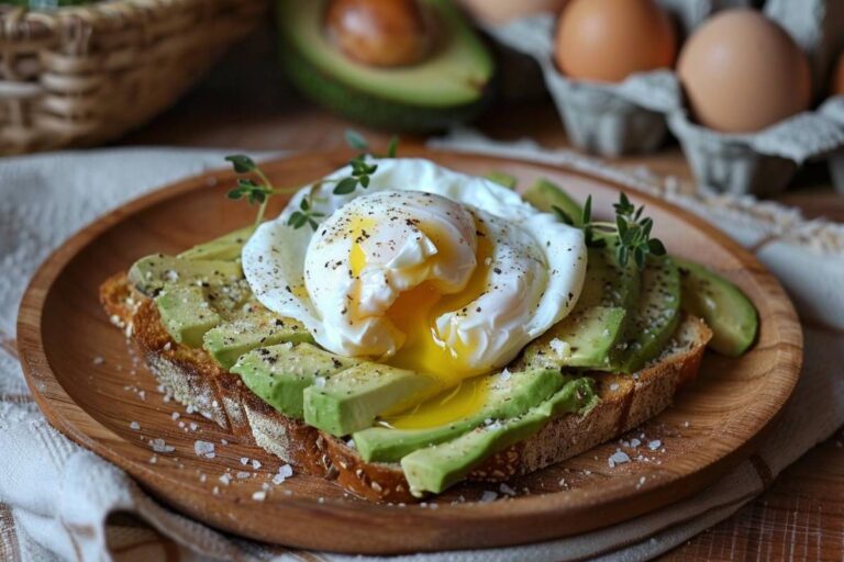 petit-déjeuner énergisant : toast à l'avocat et œuf poché savoureux sur une assiette