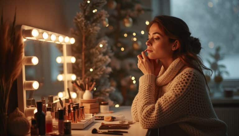 maquillage résistant au froid : maquillage d'hiver parfait sur un visage féminin