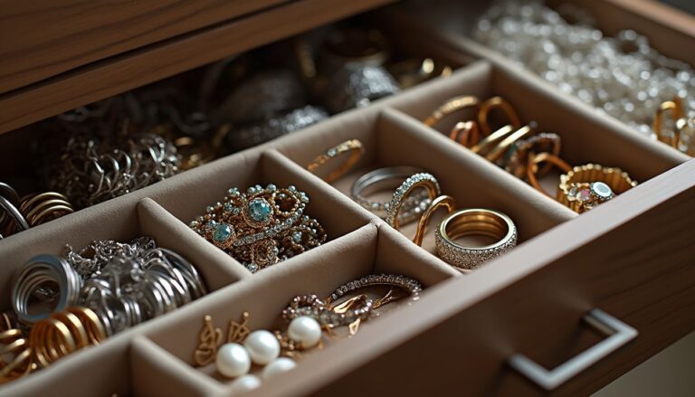 rangement bijoux : différents bijoux organisés dans des boîtes de rangement