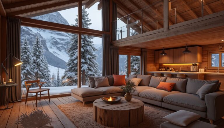 chalet moderne : intérieur chaleureux avec bois, pierre naturelle et grandes fenêtres lumineuses