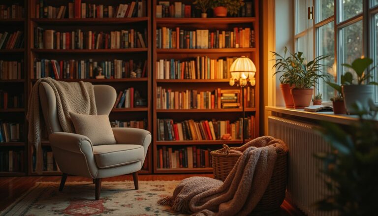 coin lecture cosy : espace de lecture confortable avec fauteuil, coussins et lumière douce près d'une fenêtre