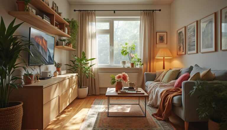 aménagement studio : vue d'un studio aménagé avec meubles multifonctionnels et rangements verticaux
