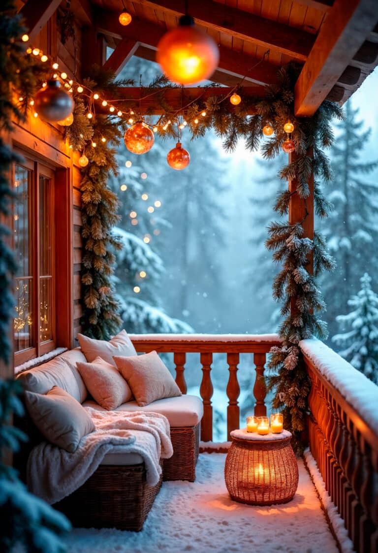 terrasse hiver : terrasse extérieure aménagée avec guirlandes lumineuses et mobilier confortable