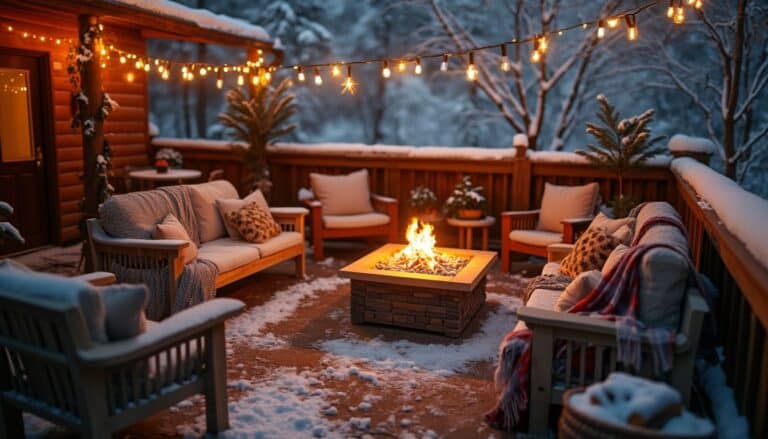 terrasse hiver cosy : terrasse aménagée avec mobilier en bois, lumières tamisées et plantes pour l'hiver