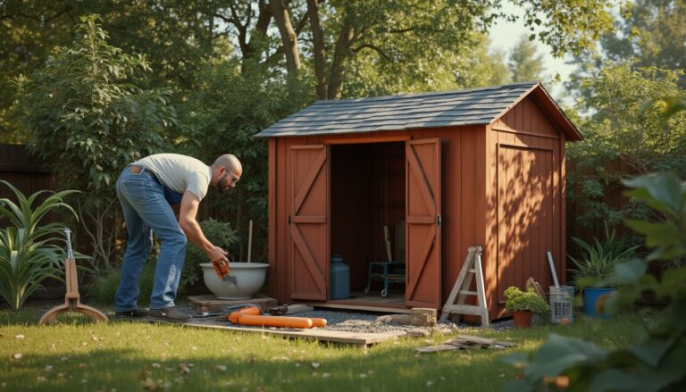 abri de jardin : abri de jardin en bois dans un jardin bien entretenu