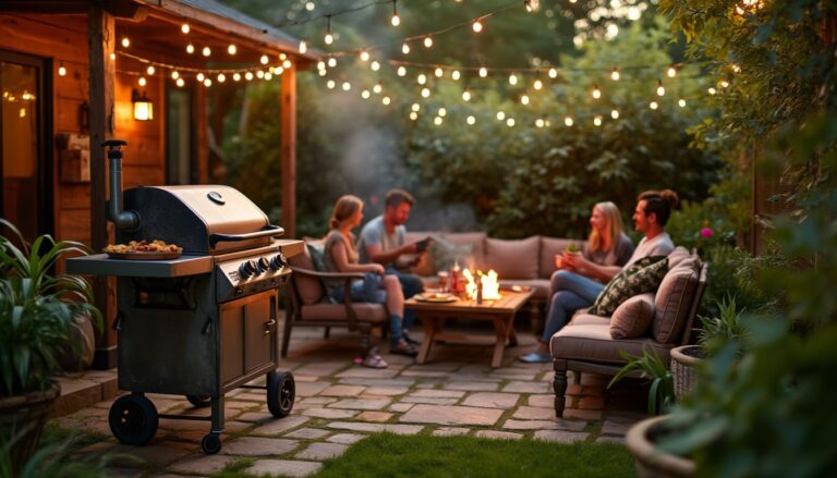 barbecue convivial : espace barbecue convivial aménagé dans un jardin avec meubles et guirlandes lumineuses