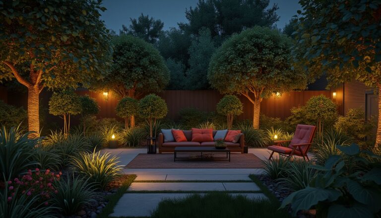 luminaires extérieurs : jardin éclairé avec différents types de luminaires extérieurs