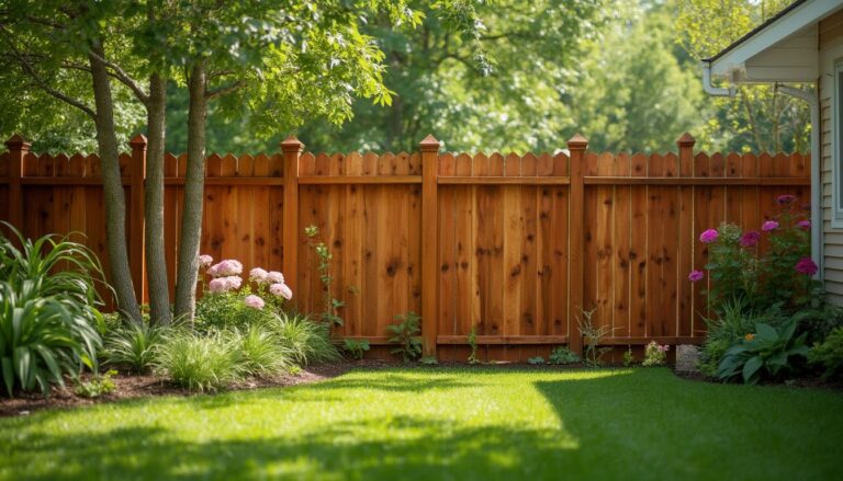 clôture en bois : clôture en bois naturelle dans un jardin bien entretenu