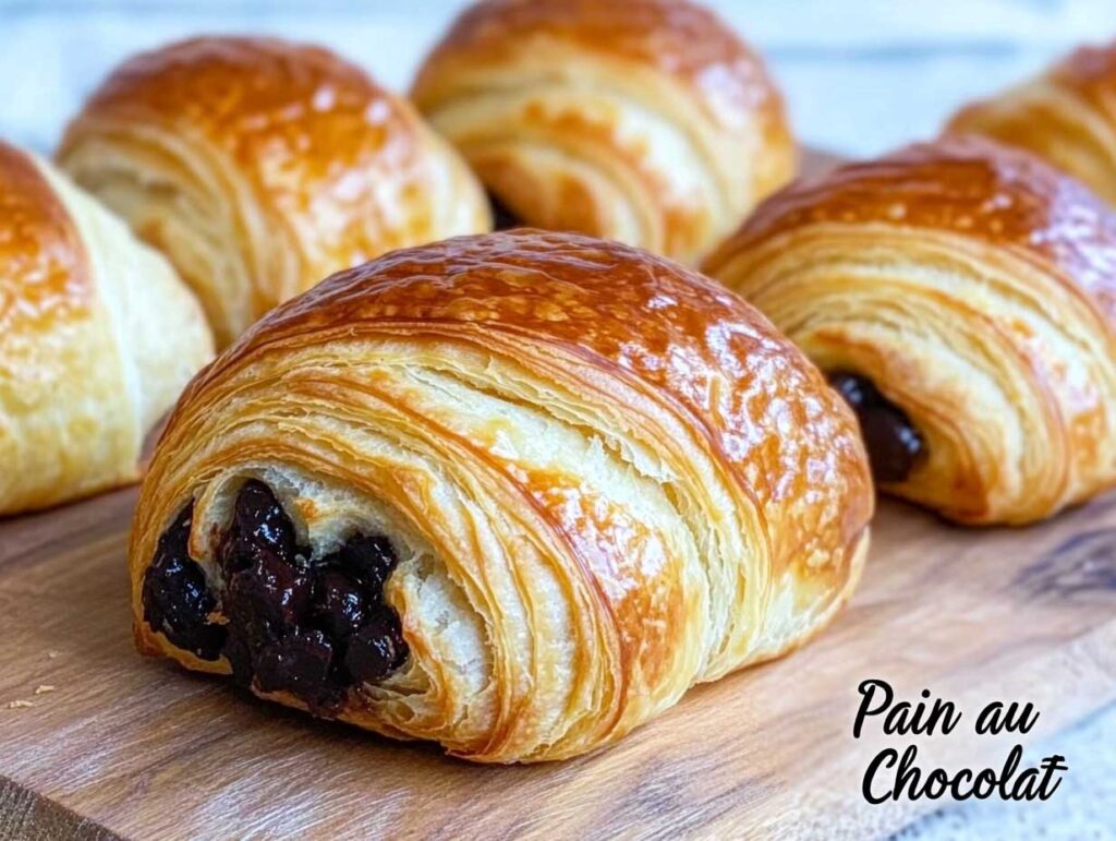 pains au chocolat : plusieurs pains au chocolat dorés et moelleux présentés sur une assiette