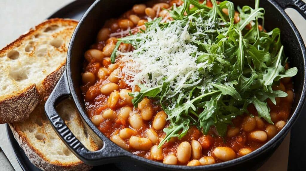 haricots crémeux épicés : plat de haricots blancs crémeux et épicés à la tomate avec roquette