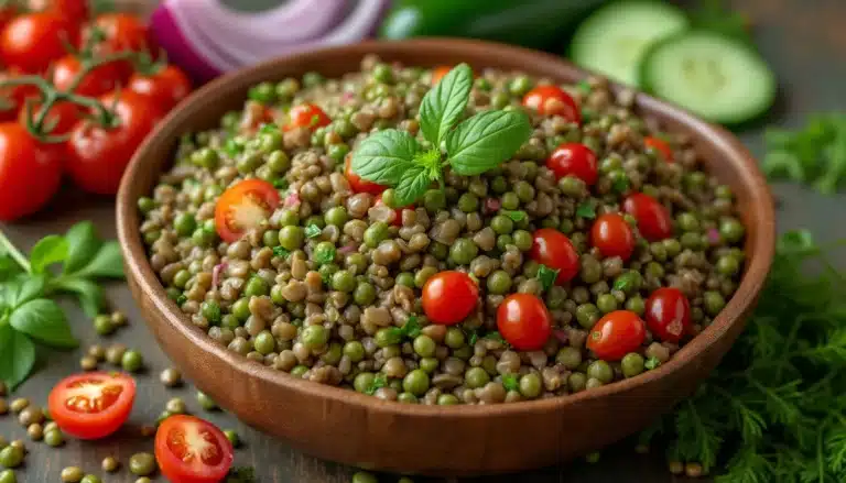 salade de lentilles : bol coloré de salade de lentilles avec légumes frais