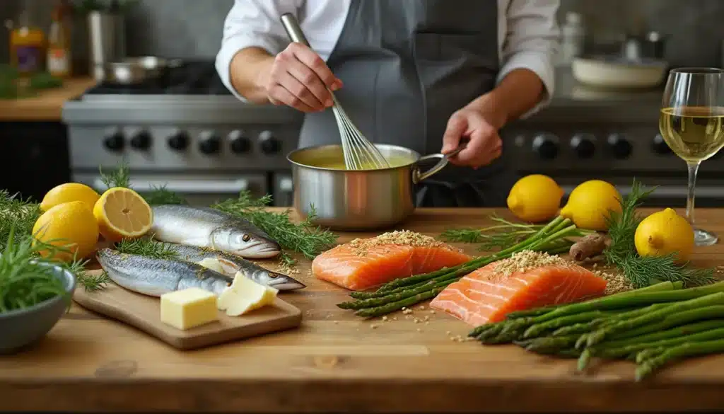 sauce beurre blanc : bol de sauce beurre blanc onctueuse avec herbes et poisson en arrière-plan