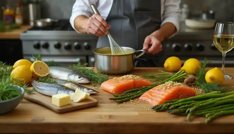 sauce beurre blanc : bol de sauce beurre blanc onctueuse avec herbes et poisson en arrière-plan