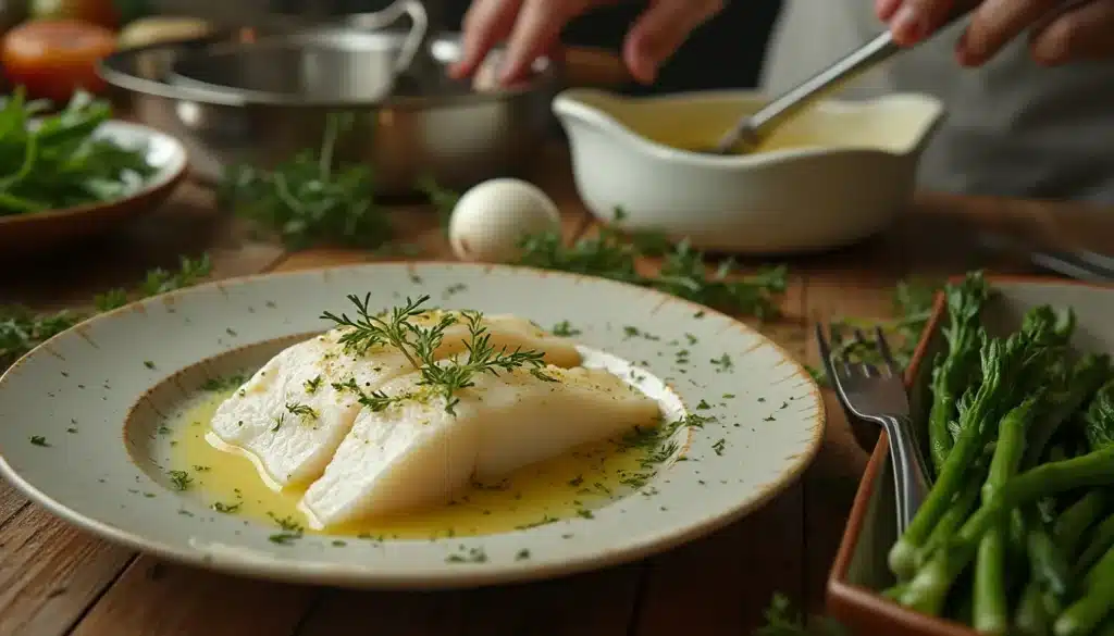 sauce au beurre blanc : pot de sauce onctueuse au beurre blanc avec poissons et légumes en accompagnement