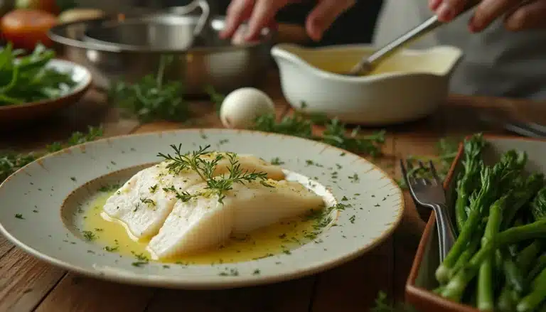 sauce au beurre blanc : pot de sauce onctueuse au beurre blanc avec poissons et légumes en accompagnement