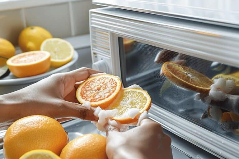 nettoyer micro-ondes : bol avec eau et citron à l'intérieur d'un micro-ondes en train de chauffer