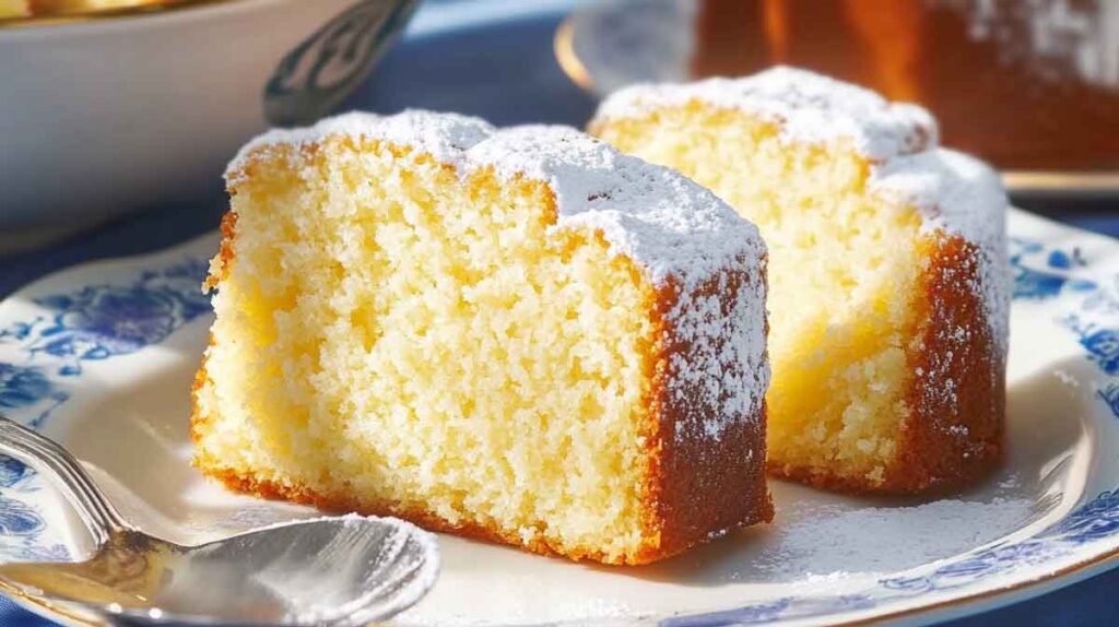 fécule de maïs : boîte de fécule de maïs avec un gâteau au yaourt moelleux en arrière-plan