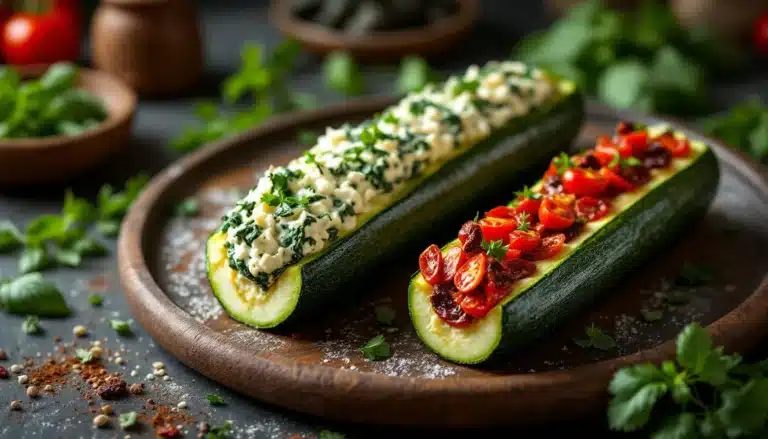 courgettes farcies : assiette de courgettes farcies aux garnitures variées et colorées