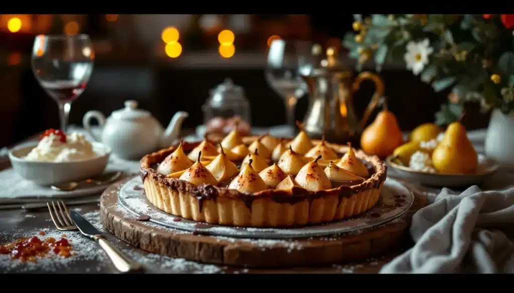 tarte poire-chocolat : tarte garnie de poires fraîches et chocolat fondant