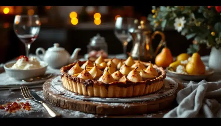 tarte poire-chocolat : tarte garnie de poires fraîches et chocolat fondant