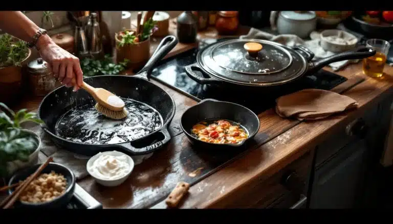 cocotte en fonte : cocotte en fonte en cuisine avec aliments cuisinés