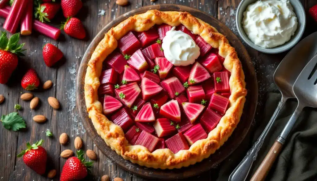 tarte à la rhubarbe : tarte à la rhubarbe joliment présentée avec une pâte dorée et un dessus de rhubarbe juteuse