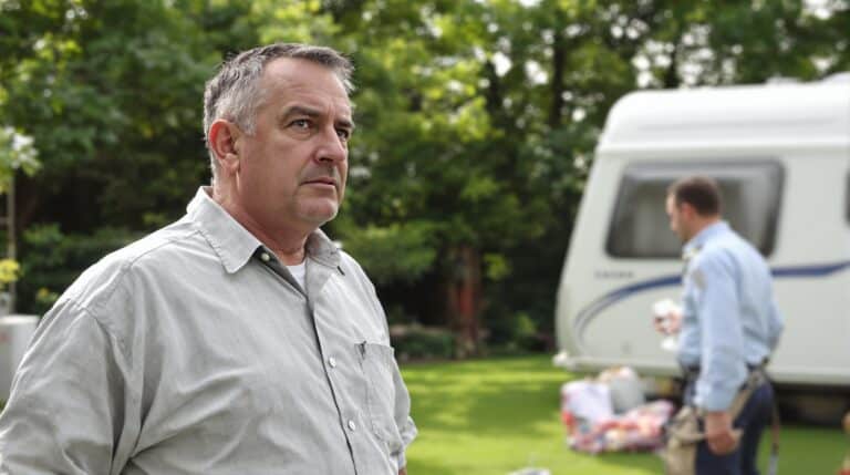 caravane dans le jardin : caravane garée dans un jardin verdoyant avec haies