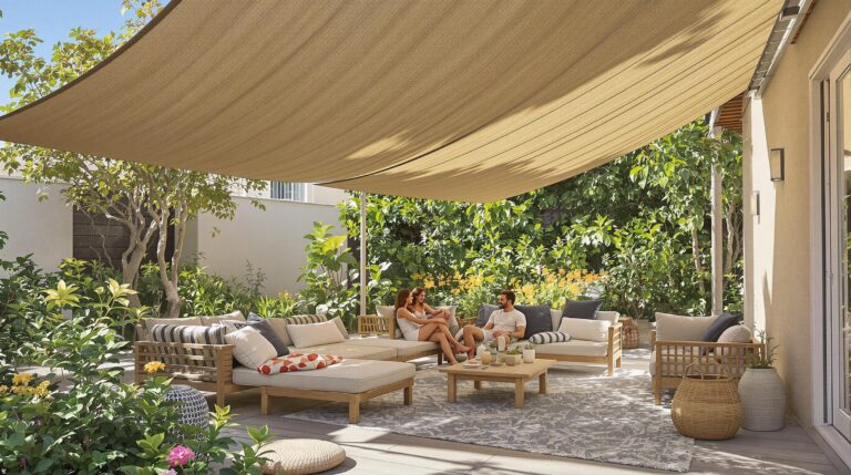 voile d’ombrage : voile d’ombrage élégante déployée au-dessus d’une terrasse moderne