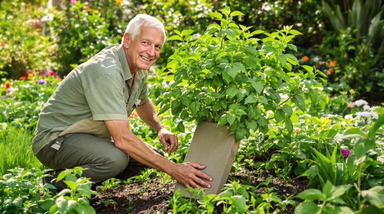 pierre plate basilic : pierre posée au pied d'un basilic dans un potager