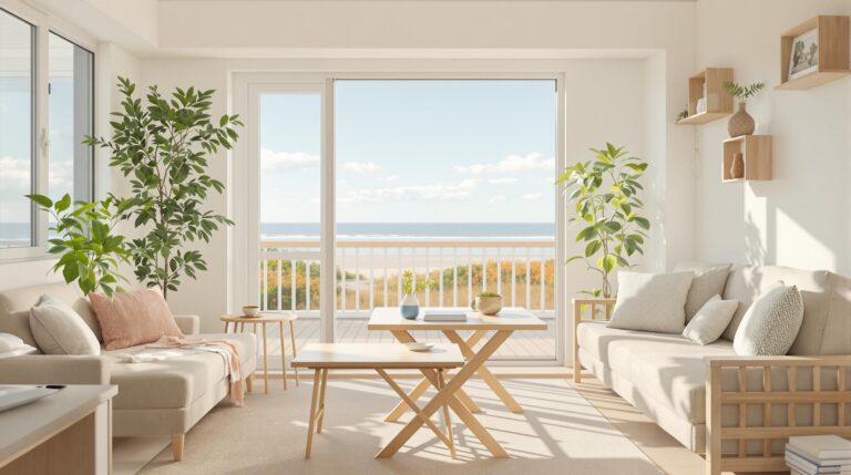 petite maison de plage : intérieur lumineux et modulable d'une maison de plage compacte