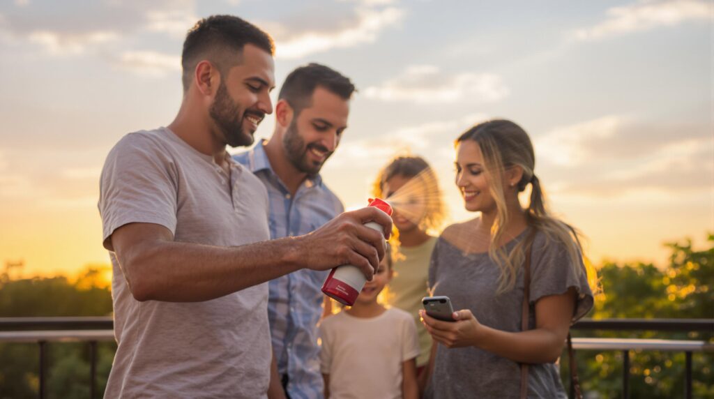 anti-moustiques : bouteille de spray anti-moustique sur une terrasse en été