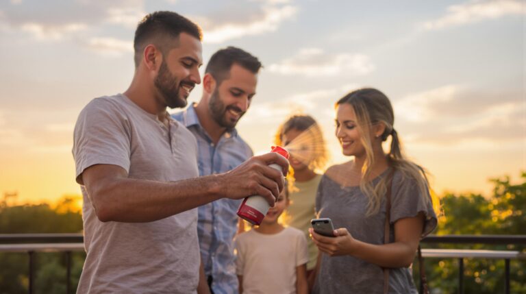 anti-moustiques : bouteille de spray anti-moustique sur une terrasse en été