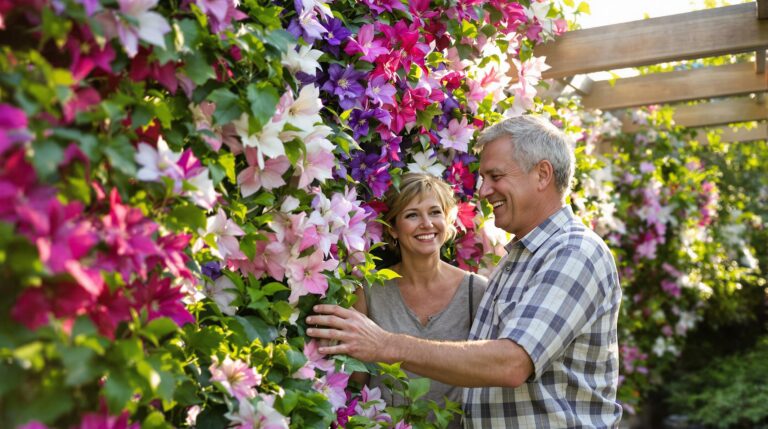 clématite : pergola recouverte de fleurs de clématites colorées