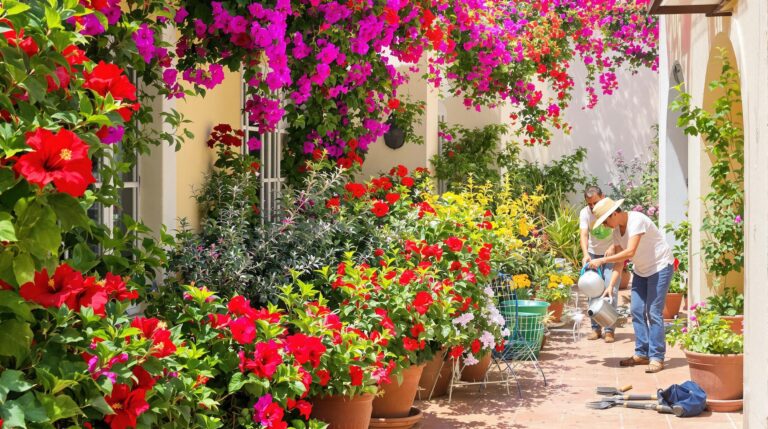 été fleuri : terrasse avec bougainvillier, dipladénia et hibiscus en pleine floraison