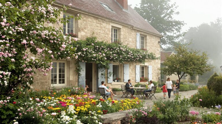 propriété à Rumont : vue extérieure d'une ancienne ferme avec dépendances et jardin sous la brume matinale
