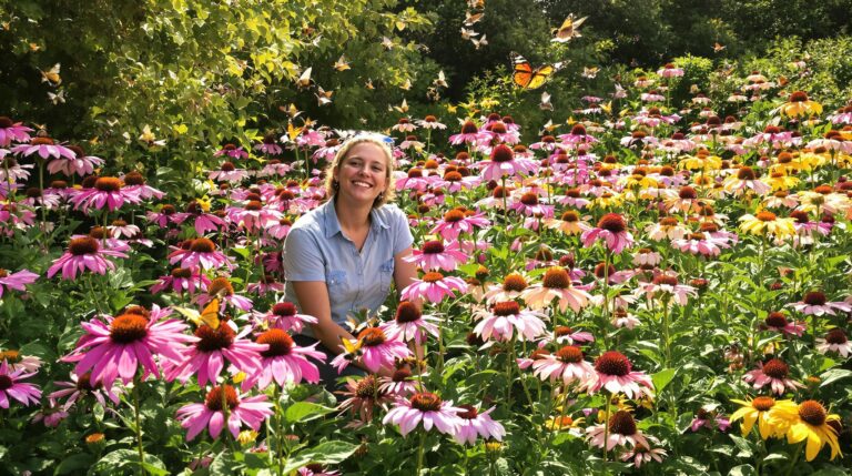 échinacée : fleurs d’échinacée colorées attirant papillons et abeilles dans un jardin lumineux