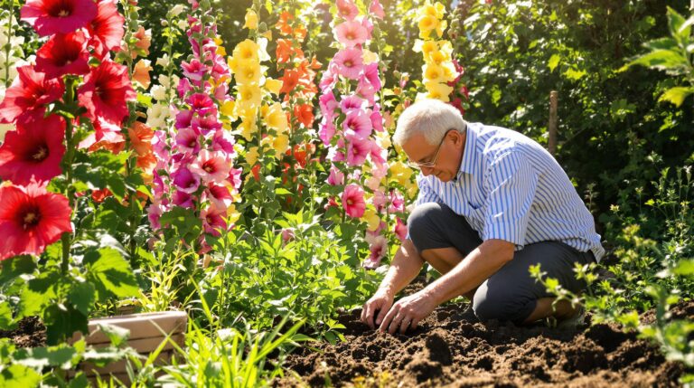 rose trémière : tiges XXL colorées de la rose trémière dans un jardin