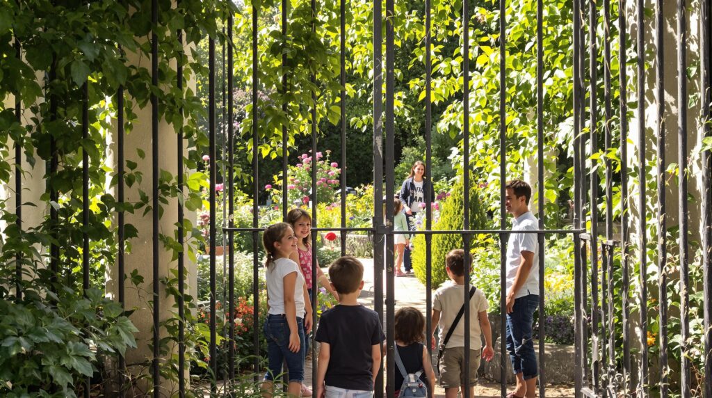 jardins secrets Gironde : vue d'un jardin secret en Gironde, portail ancien ouvert sur un espace verdoyant et fleuri
