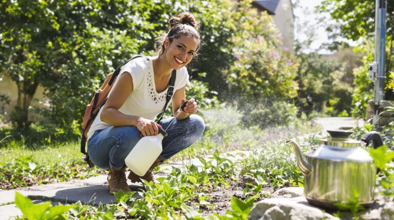 désherbage naturel : allée pavée sans mauvaises herbes grâce à une méthode naturelle