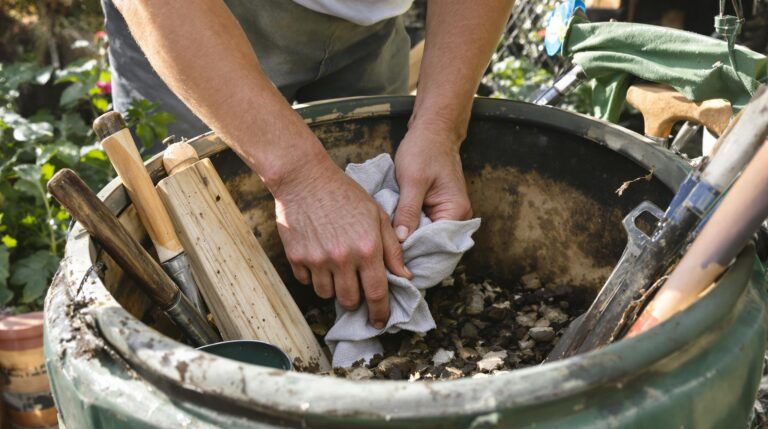 compost : torchon humide posé sur un composteur en été