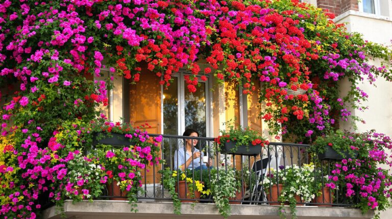 dipladénia : plante en pot aux fleurs colorées sur un balcon de ville