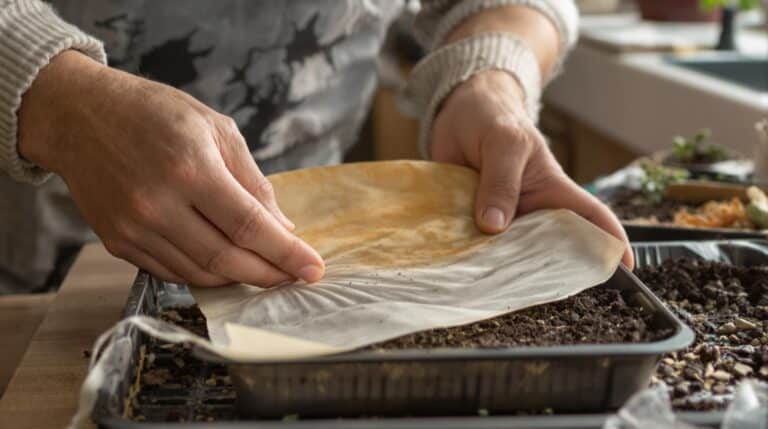 filtre à café semis : filtre à café posé sur du terreau avec jeunes pousses