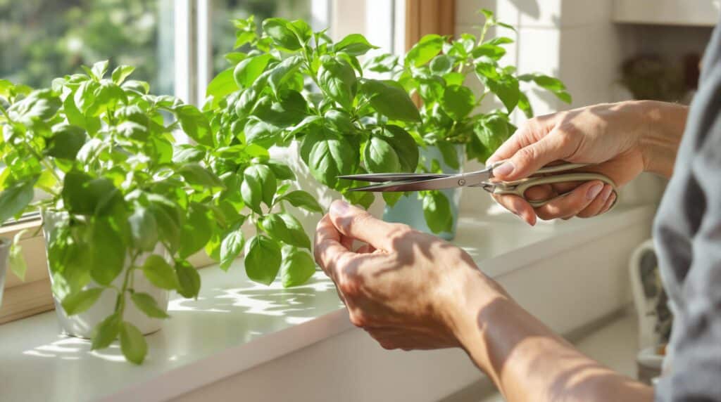basilic : pot de basilic jaunissant sur un rebord de fenêtre