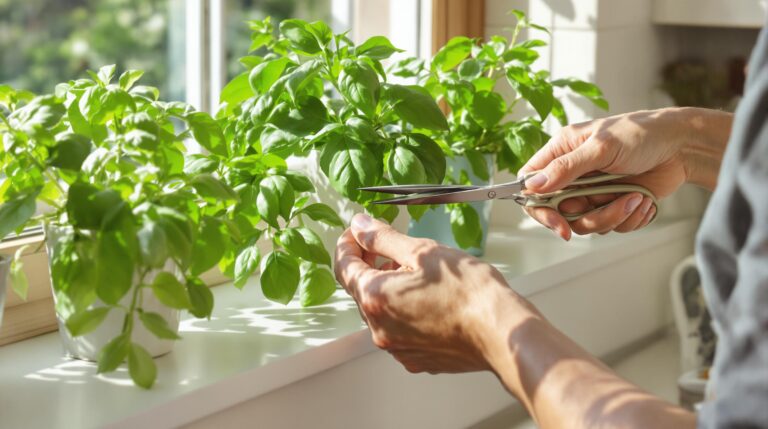 basilic : pot de basilic jaunissant sur un rebord de fenêtre
