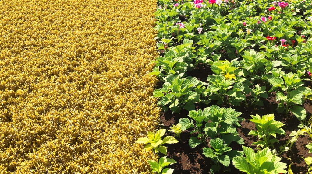 mini-potager fleuri : carré de pelouse transformé en potager avec légumes et fleurs colorées