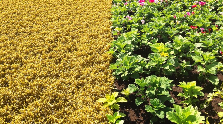 mini-potager fleuri : carré de pelouse transformé en potager avec légumes et fleurs colorées