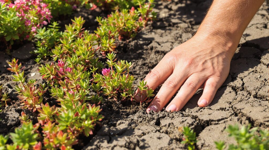 Sedum spurium : plante succulente couvrant le sol dans un jardin sec